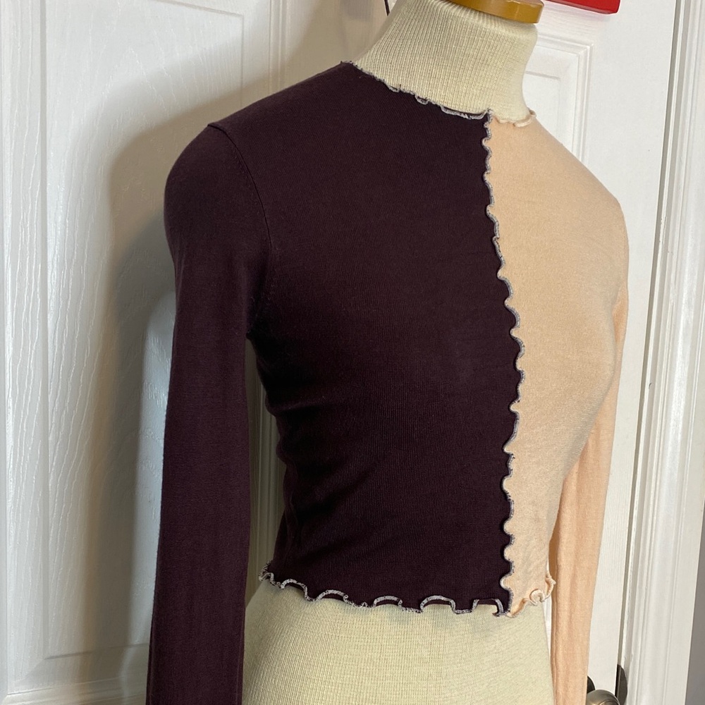 Twik Y2K Style Brown Pink Long Sleeve Crop Top Colorblock Petite Small - Picture 5 of 17